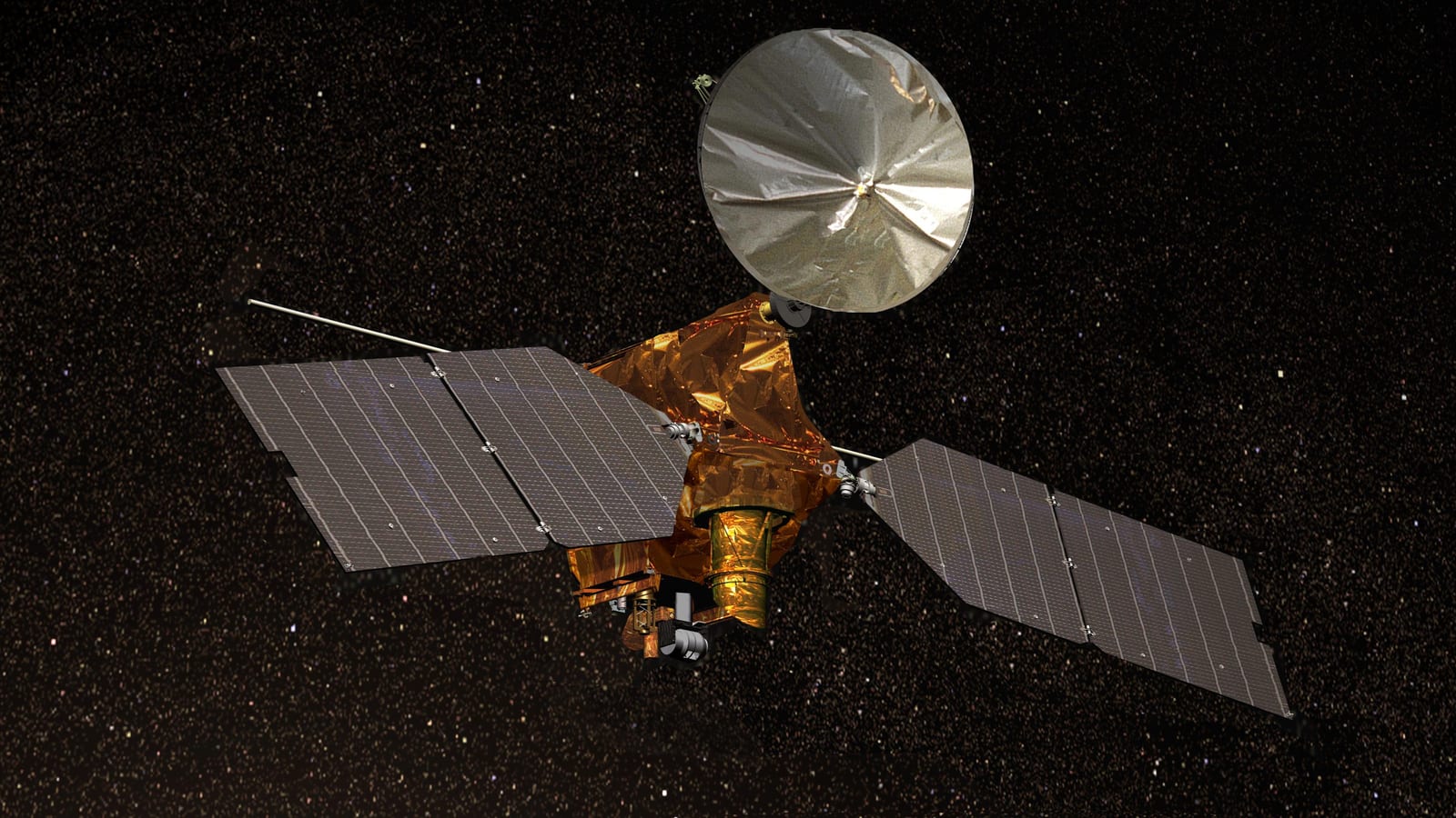 An artist’s drawing of a spacecraft with a large dish antenna and two solar panels, against stars