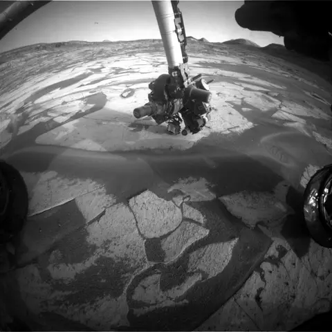 Raw image from Curiosity’s Front Hazard Avoidance Camera (Hazcam), sol 5,038