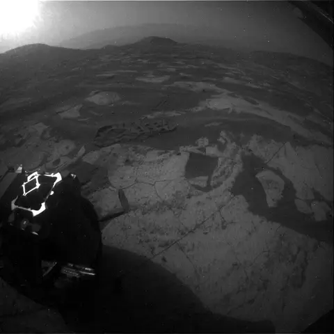 Raw image from Curiosity’s Rear Hazard Avoidance Camera (Hazcam), sol 5,036