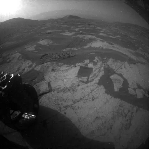 Raw image from Curiosity’s Rear Hazard Avoidance Camera (Hazcam)