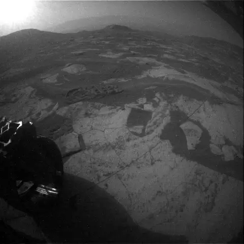 Raw image from Curiosity’s Rear Hazard Avoidance Camera (Hazcam), sol 5,036